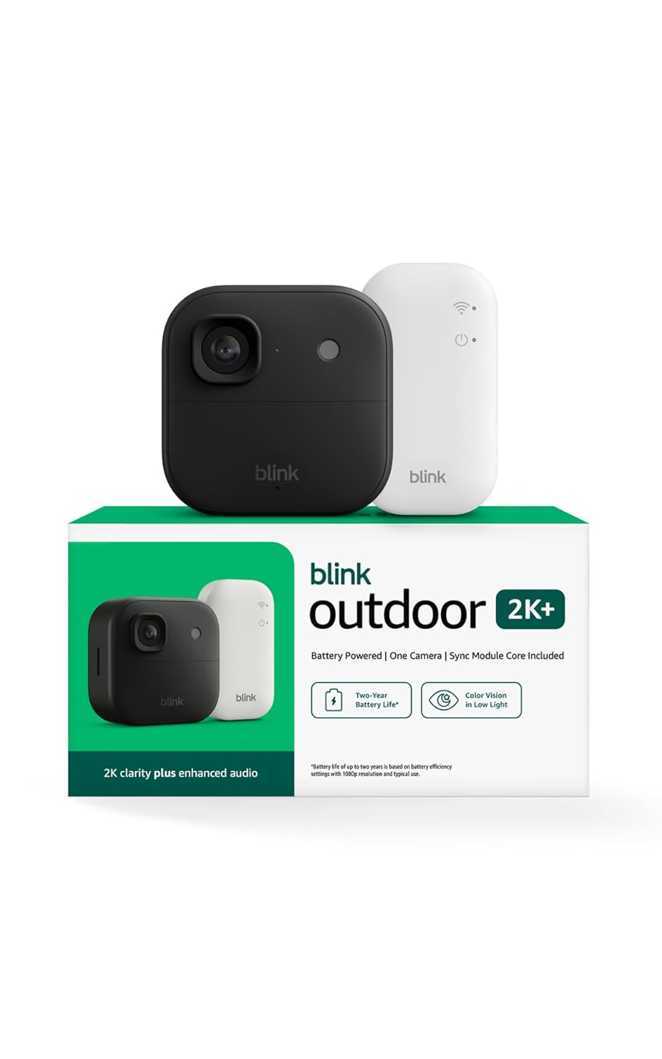 Blink Outdoor 2K+ (newest model) with 1-Year Subscription — 2K video resolution, Color Vision in low light, and noise cancellation. Sync Module included — 1 camera system (Black)