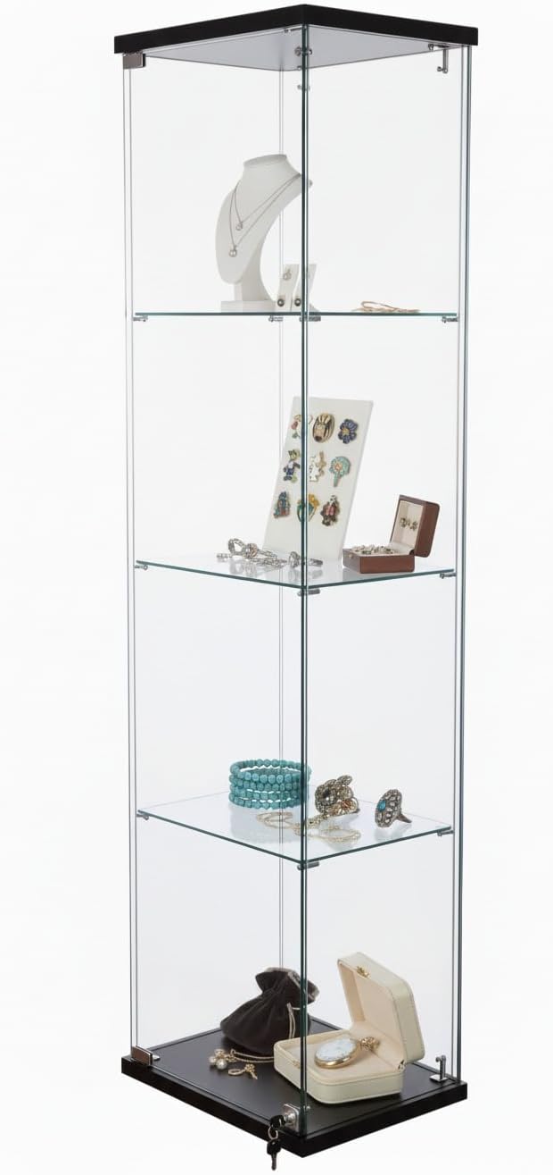 WISDOMFUR 16''x 63'' Frameless Glass Display Cabinet Showcase Glass Cube with Lock, Tempered Glass 4 Shelf Single Door, MDF Base - White & Black (Black), CT1660