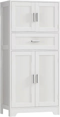 TEENFON Bathroom Storage Cabinet with Adjustable Shelf & Large Drawer, Tall Storage Cabinet with 4 Doors, Kitchen Pantry Storage Cabinets, for Living Room, Dining Room, Home Office, Entryway, White