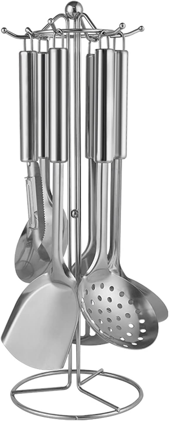 7-Pieces Kitchen Utensil Set -Stainless Steel Specialty Chinese Wok Utensil Set Cooking Utensils with Rotating Holder for Baking Cooking Lightweight and Durable