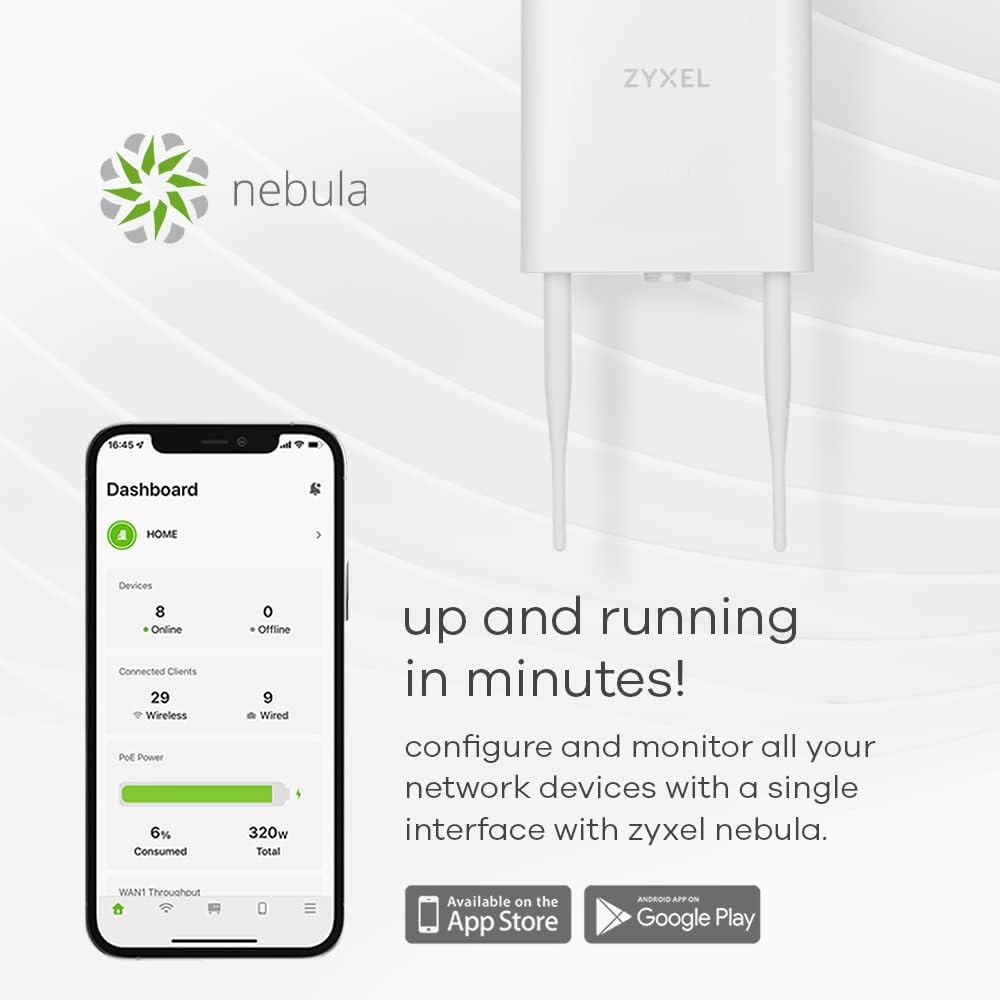 Zyxel WiFi 6 AX1800 Wireless Gigabit Outdoor Access Point | IP55 Rated | Mesh, Seamless Roaming & MU-MIMO | WPA3-PSK Security | Cloud, App or Direct Management | PoE+ Injector Included | NWA55AXE