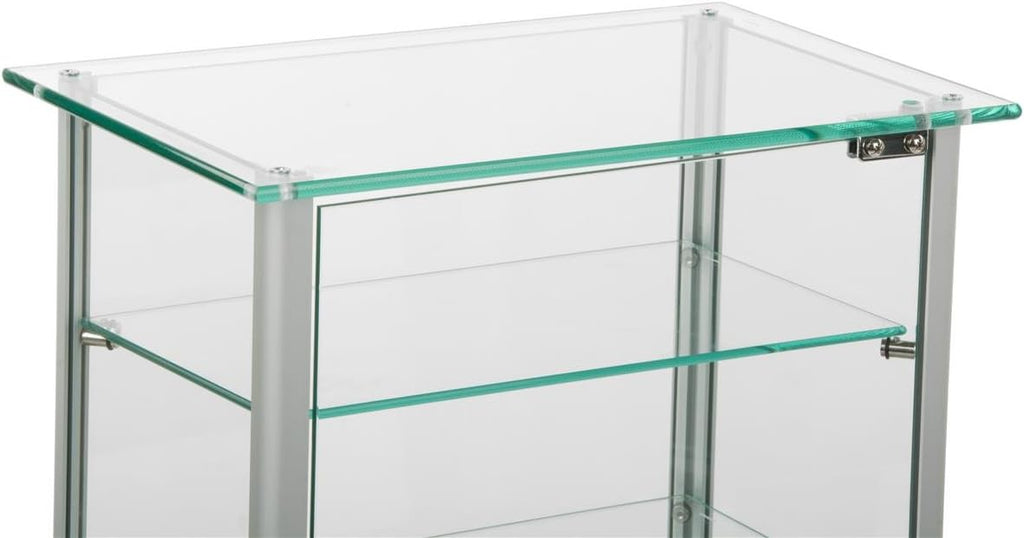 Small Curio Cabinet, Free Standing Glass Display Shelf, Adjustable, Aluminum (Silver Base)