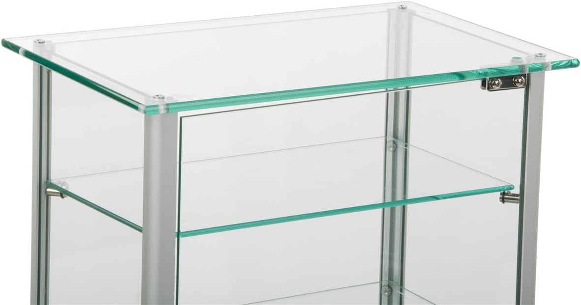 Small Curio Cabinet, Free Standing Glass Display Shelf, Adjustable, Aluminum (Silver Base)
