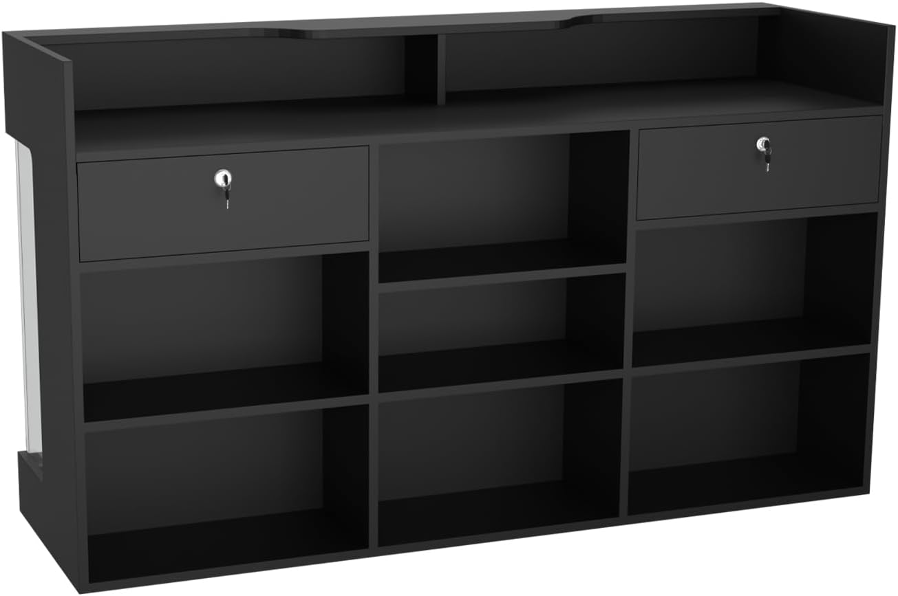 72' W x 22' D x 42' H - Ledgetop Checkout Counter with Glass Showcase View Front, Black Wooden Cash Register Stand with Showcase,Retail Glass Display Cabinet Counter