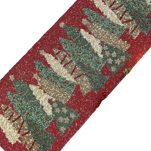 Handmade Christmas Tree Table Runner, Beaded Runner, Red, Green and Gold, 13x36inch for Christmas Thanksgiving Halloween Party Table Decoration - Multicolor