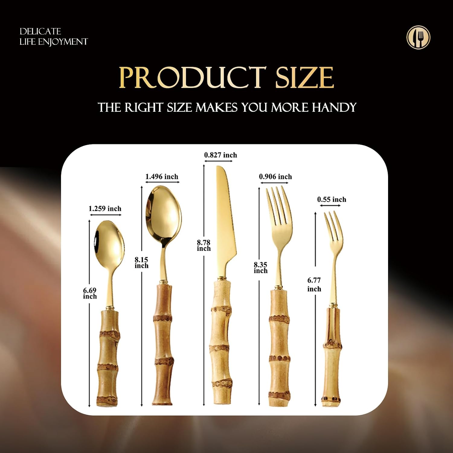 90 piece gold bamboo silverware sets, bamboo handle cutlery sets, household kitchen 18/8 stainless steel flatware utensil sets for 18