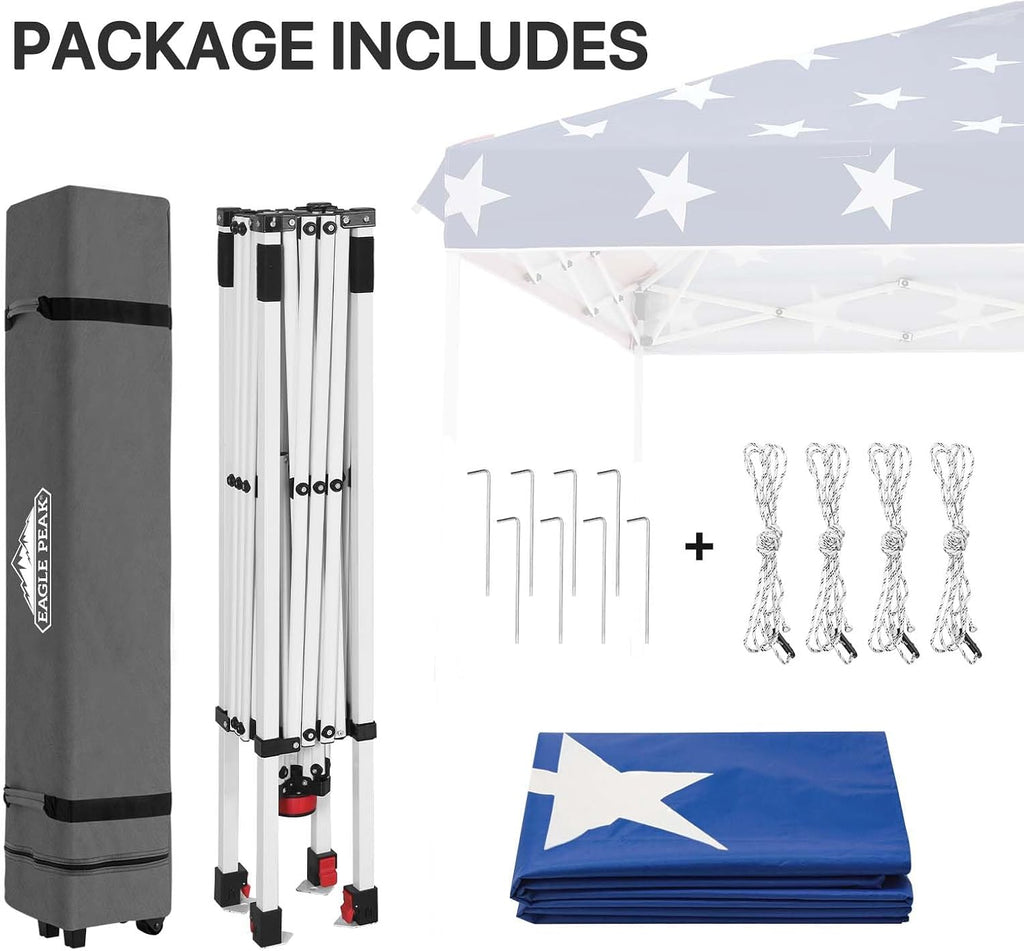 EAGLE PEAK Pop Up Canopy Tent with Wheeled Carry Bag, 8 Stakes, 4 Ropes, Easy Set Up Tent Canopy, 8x8 ft, American Flag