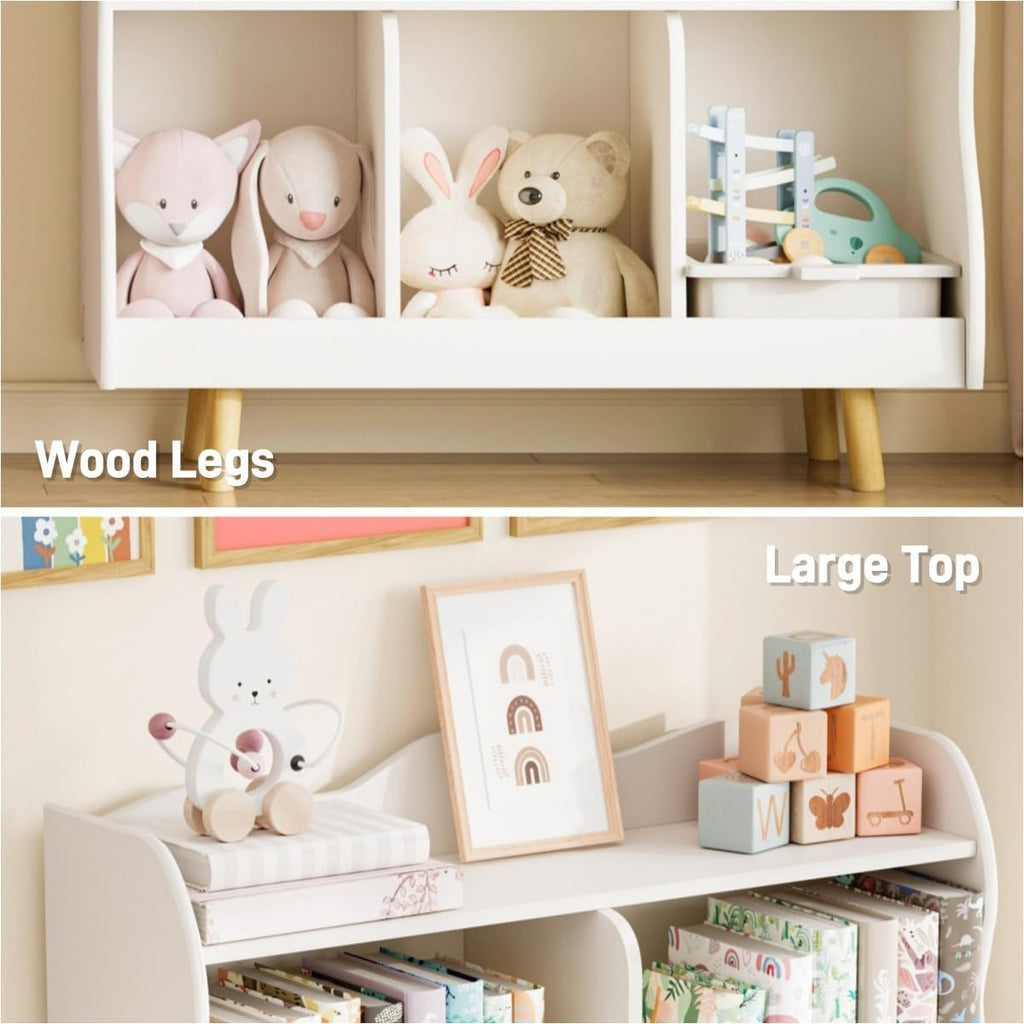 Treocho Kids Bookshelf and Toy Storage Orangizer, 3-Tier Wooden Children's Bookcase with Curve Design, 5 Cubbies Toy Storage Cabinet Display with Legs for Children's Room, Playroom, School, White