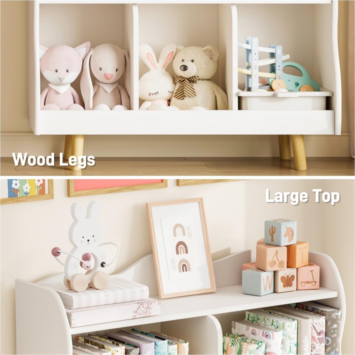 Treocho Kids Bookshelf and Toy Storage Orangizer, 3-Tier Wooden Children's Bookcase with Curve Design, 5 Cubbies Toy Storage Cabinet Display with Legs for Children's Room, Playroom, School, White