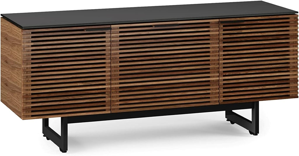 BDI Furniture Corridor 8177-65'' TV Stand for TVs up to 70' with Soundbar Shelf, Storage Drawer, Cable Management, Remote-Friendly Louver Doors, Satin-Etched Glass Top, Natural Walnut