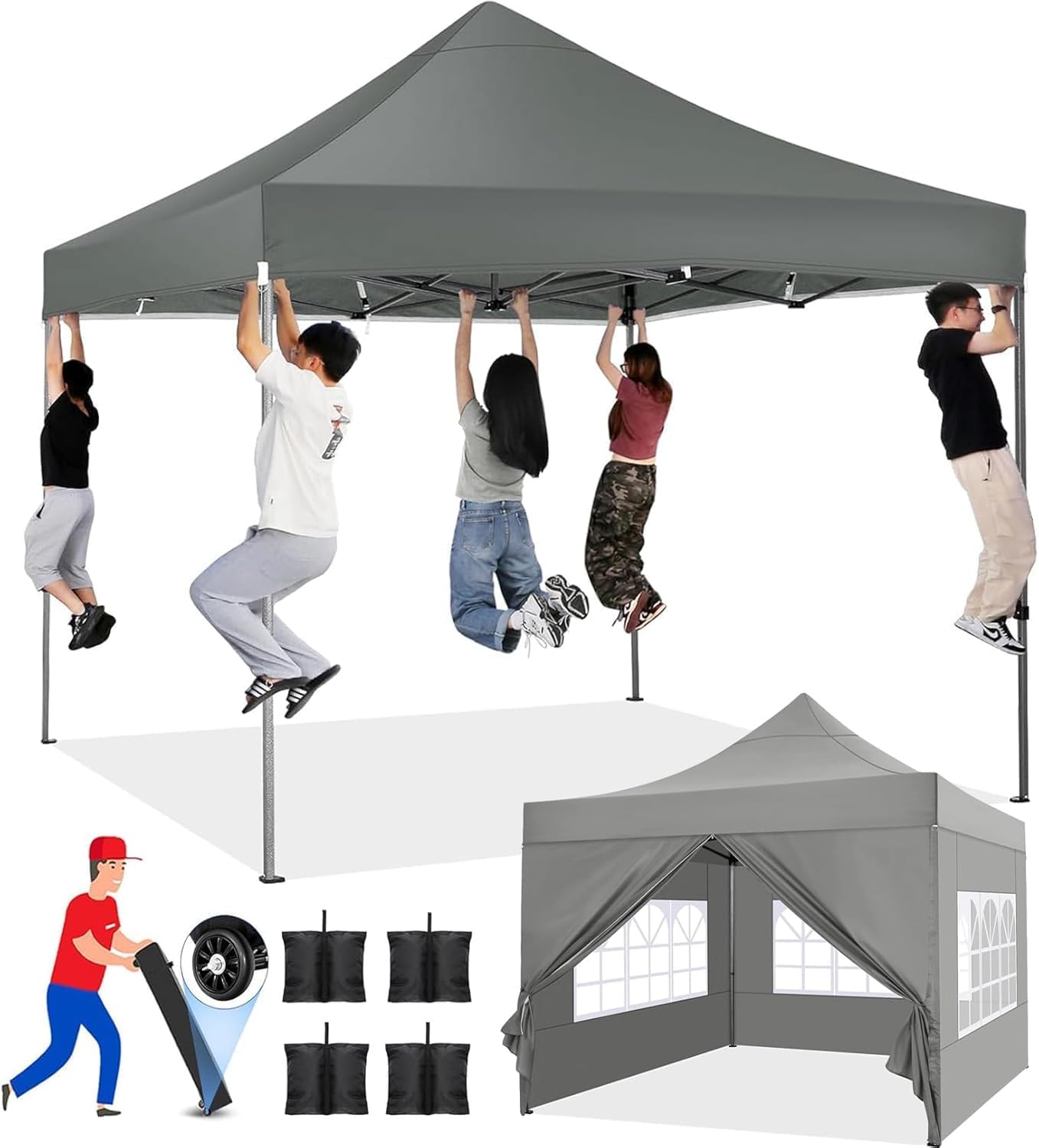 COBIZI Pop up Canopy Tent 10x10 Heavy Duty Gazebo with 4 Sidewalls, UPF 50+ All Weather Waterproof Commercial Outdoor Wedding Party Tents Canopy with Roller Bag, Deep Gray