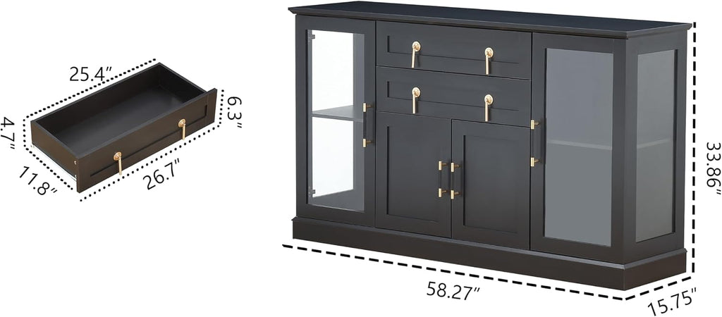 FOREST GRAVITY 58.27'' Buffet Cabinet with 2 Drawers,LED and Adjustable Shelves,Large Glass Door Coffee Bar Cabinet with Storage,Modern Farmhouse Sideboard Credenza for Kitchen,Black
