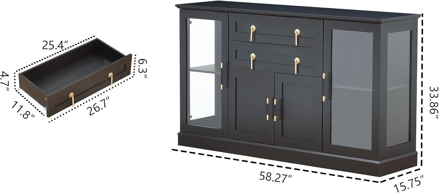 FOREST GRAVITY 58.27'' Buffet Cabinet with 2 Drawers,LED and Adjustable Shelves,Large Glass Door Coffee Bar Cabinet with Storage,Modern Farmhouse Sideboard Credenza for Kitchen,Black