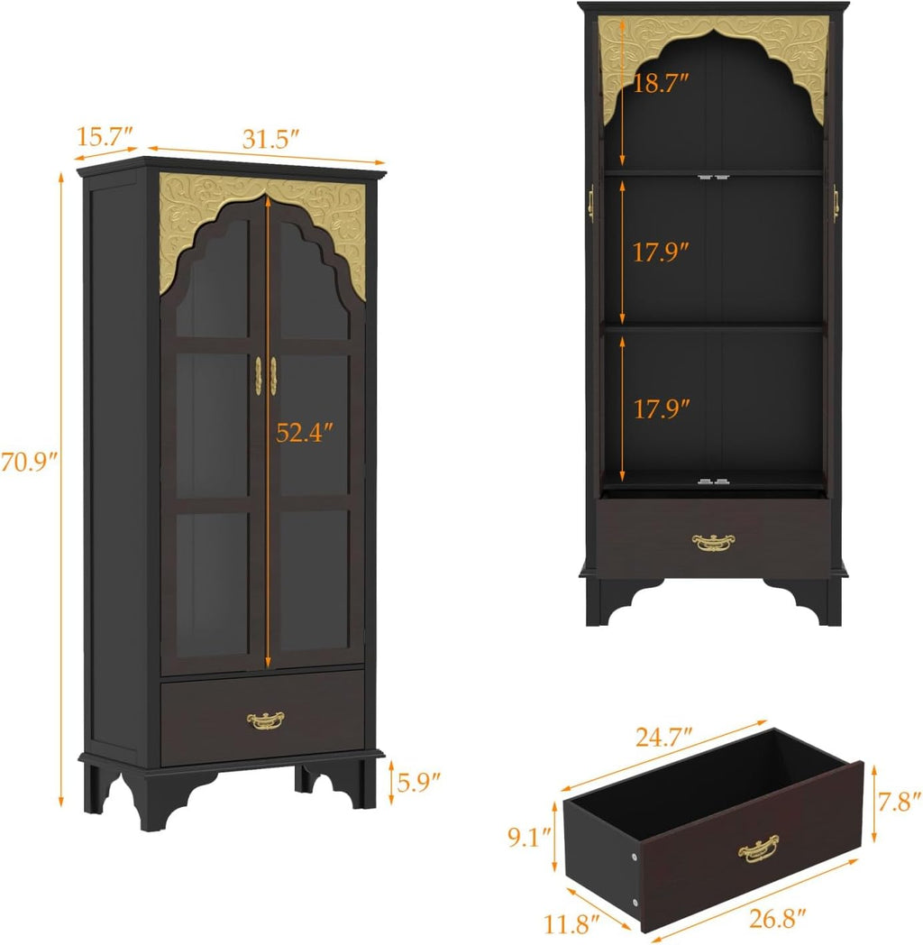 Carved Storage Cabinet with 2 Glass Doors & Drawer, Pooja Mandir with 3-Tier Shelves, Gold Accents, Decorative Cabinet Display Cabinets for Living Room Black and Brown(31.5'W x 15.7'D x 70.9'H)