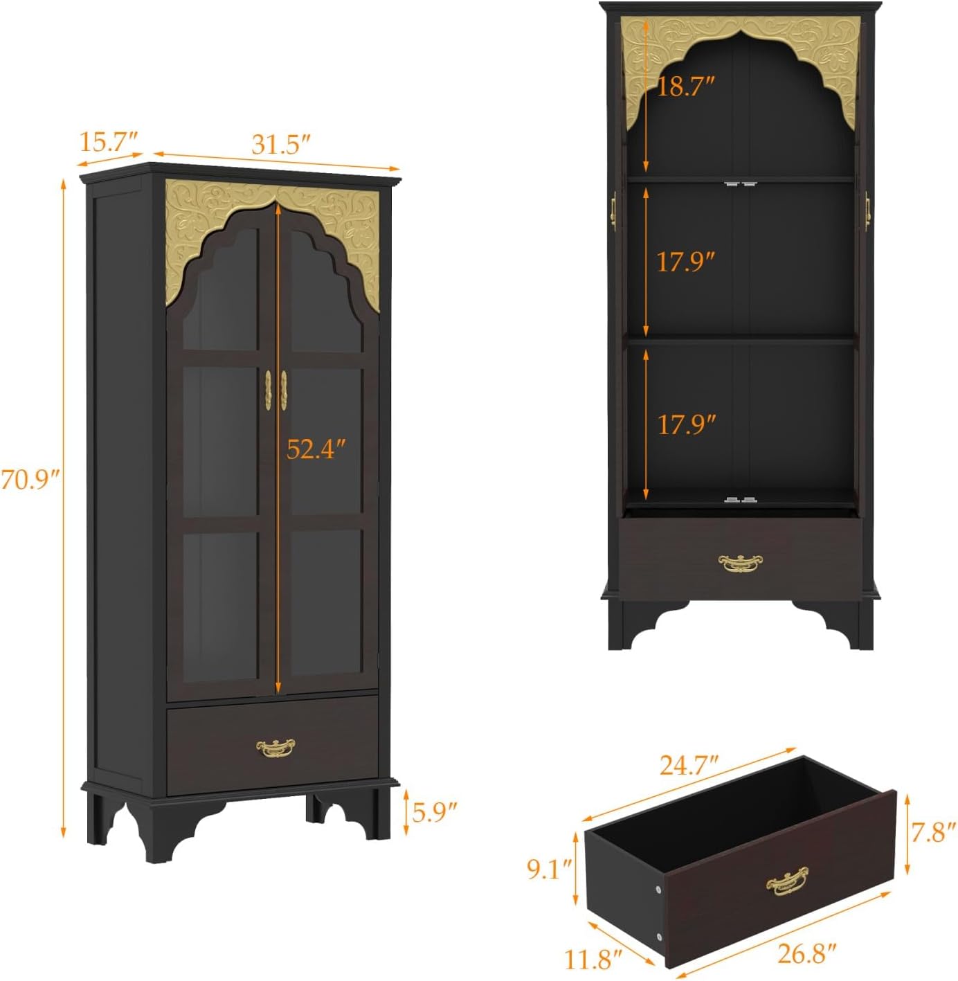 Carved Storage Cabinet with 2 Glass Doors & Drawer, Pooja Mandir with 3-Tier Shelves, Gold Accents, Decorative Cabinet Display Cabinets for Living Room Black and Brown(31.5'W x 15.7'D x 70.9'H)