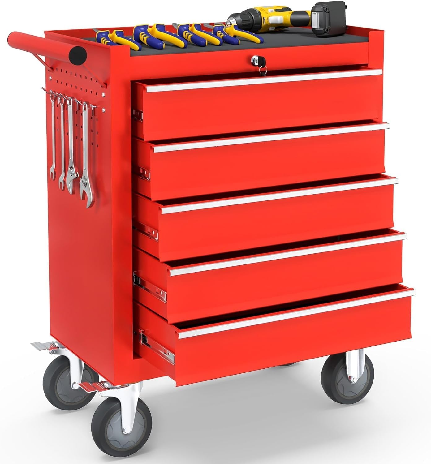 5-Drawer Rolling Tool Chest Toolbox, Rolling Tool Box with Wheels, Tool Chest with Keyed Locking System and Drawer Liners, Tool Box Organizer for Garage, Warehouse, Workshop(Red)
