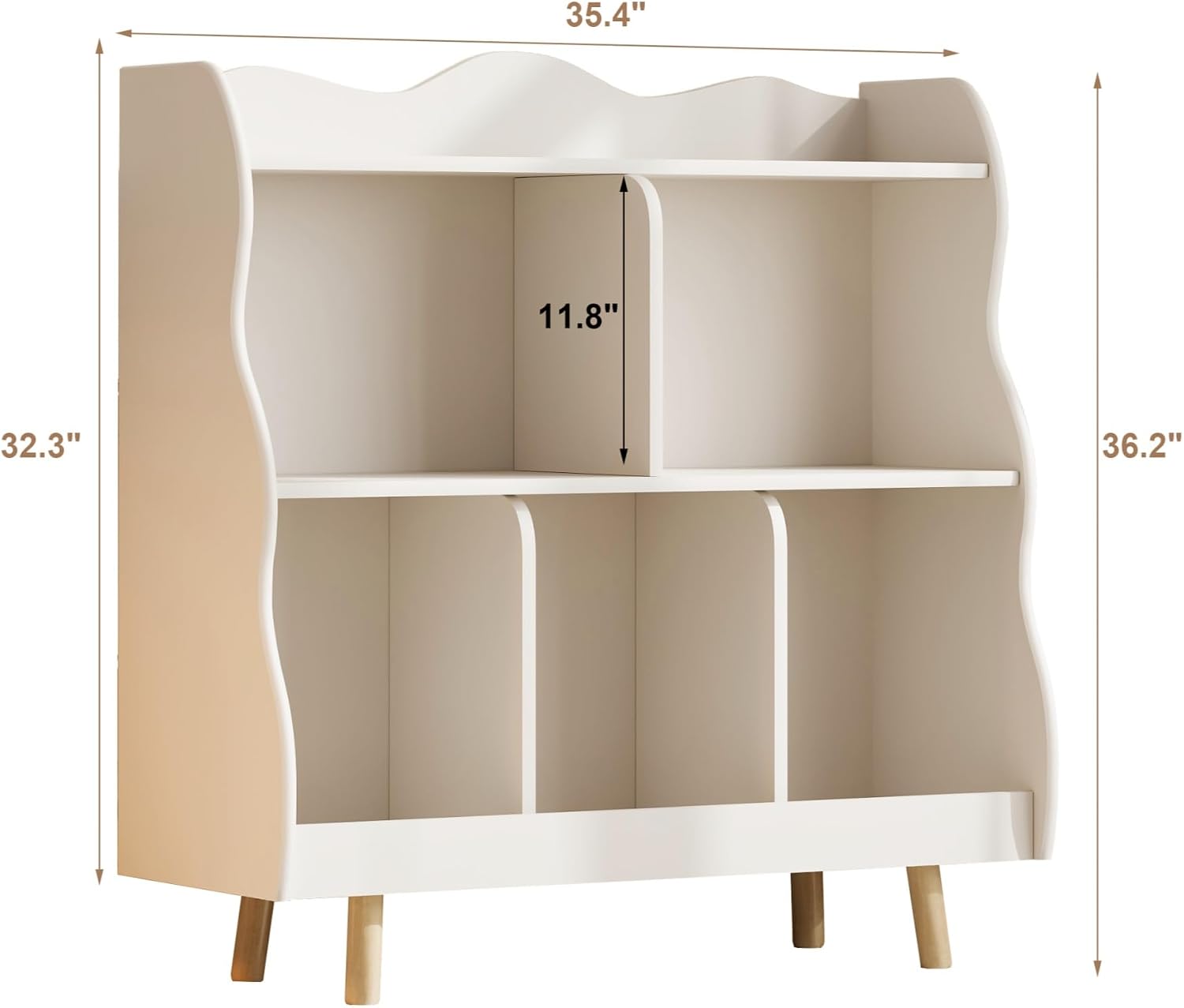 Treocho Kids Bookshelf and Toy Storage Orangizer, 3-Tier Wooden Children's Bookcase with Curve Design, 5 Cubbies Toy Storage Cabinet Display with Legs for Children's Room, Playroom, School, White
