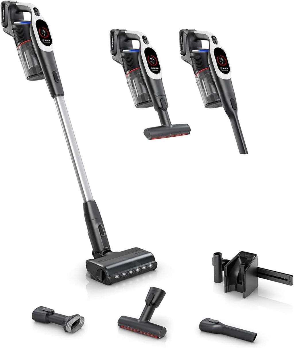 Bosch Unlimited 9 Cordless Stick Vacuum Cleaner - Up to 60 Min Battery, Multi-Surface, Vacuums Pet Hair, Hard Floors and Carpets, HEPA Filter, MicroClean Brush, 3 Accessories, White