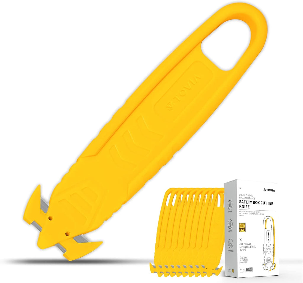 200-Pack Safety Box Cutter, T TOVIA SK2 Stainless Steel Concealed Blade Package Opener with Tape Splitter for Cartons, Cardboard, Wrap, Straps, Film (Yellow)