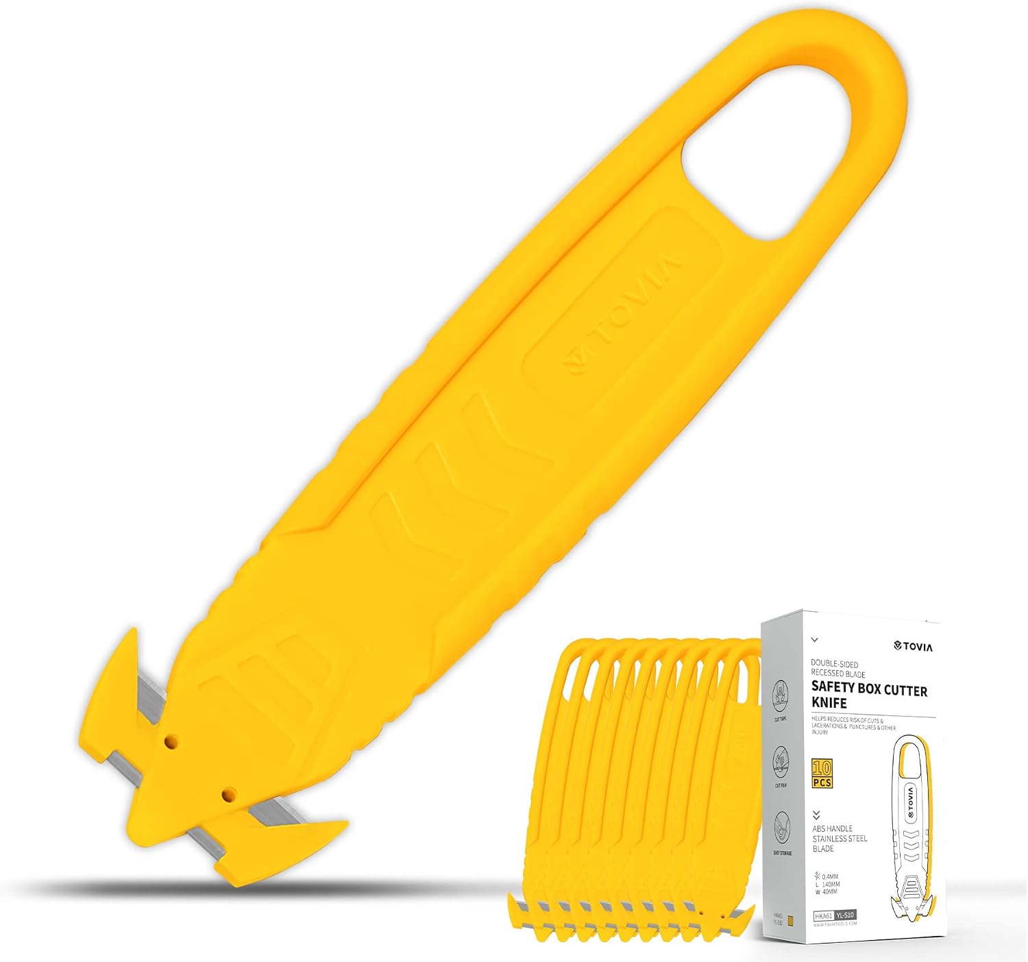 200-Pack Safety Box Cutter, T TOVIA SK2 Stainless Steel Concealed Blade Package Opener with Tape Splitter for Cartons, Cardboard, Wrap, Straps, Film (Yellow)
