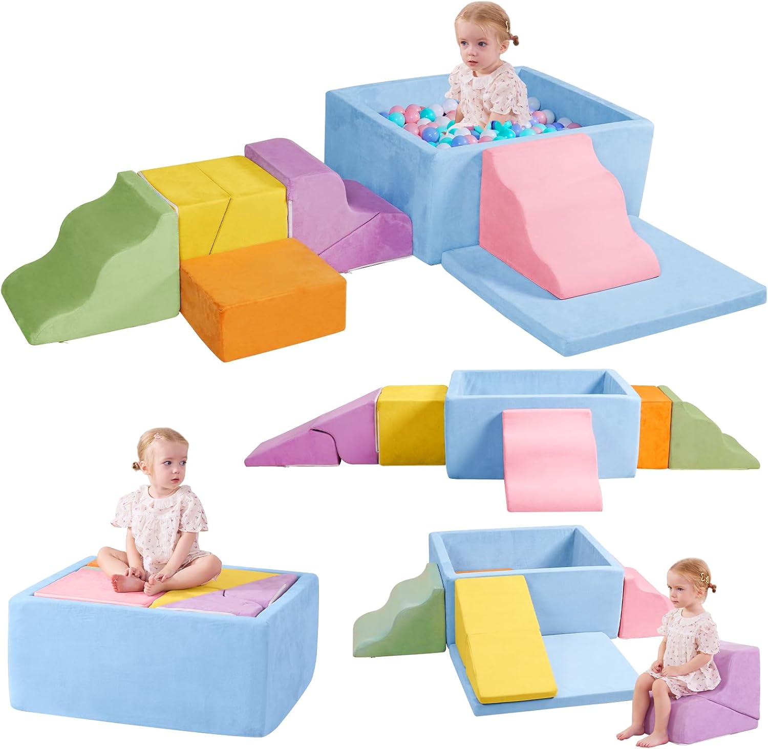 Foam Climbing Blocks for Toddlers, 7-Piece Baby Soft Play Set with Ball Pit, Indoor Climbing Toys for Kids, Modular Foam Play Structures, Macaron Colors (Balls Not Included)