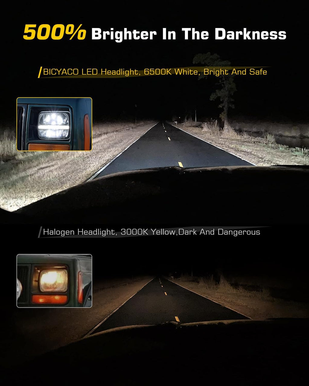 BICYACO DOT 5x7 7x6 LED Headlights, 105W Hi/Lo Sealed Beam Headlamp with White DRL Amber Turn Signal, H6054 H5054 Replacement Compatible with Jeep Wrangler YJ Cherokee XJ Kenworth T300 1997-2010