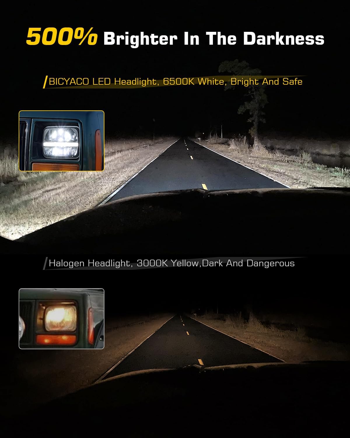 BICYACO DOT 5x7 7x6 LED Headlights, 105W Hi/Lo Sealed Beam Headlamp with White DRL Amber Turn Signal, H6054 H5054 Replacement Compatible with Jeep Wrangler YJ Cherokee XJ Kenworth T300 1997-2010