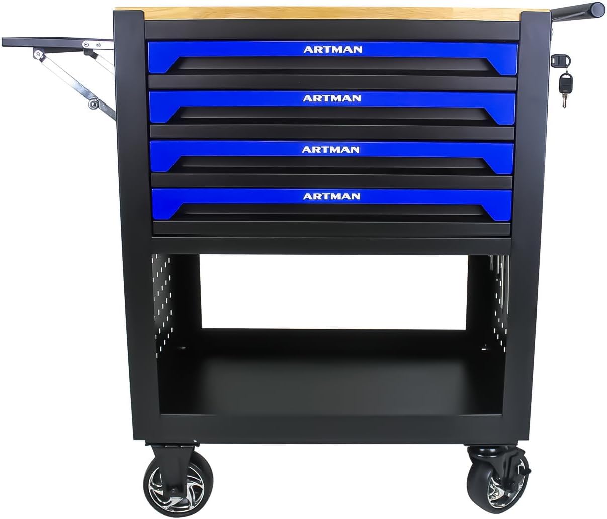 Tool Box with Wheels, Solid Wooden Workbench Top, Portable Garage Storage Cabinet on Wheels with Adjustable Side Shelf, Locking Casters, and Perforated Panels