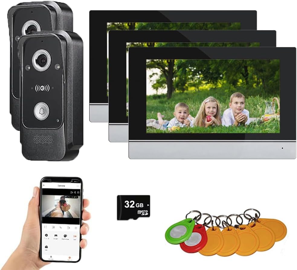 Wired Video Intercom System Tuya WiFi 7 Inch Touch Screen 1080P Doorbell Intelligent Tuya APP Intercom Kit with 3 in 1 Unlock Motion Detection,Anti-Tamper Alarm,32G (2 Bell+3 Monitor)