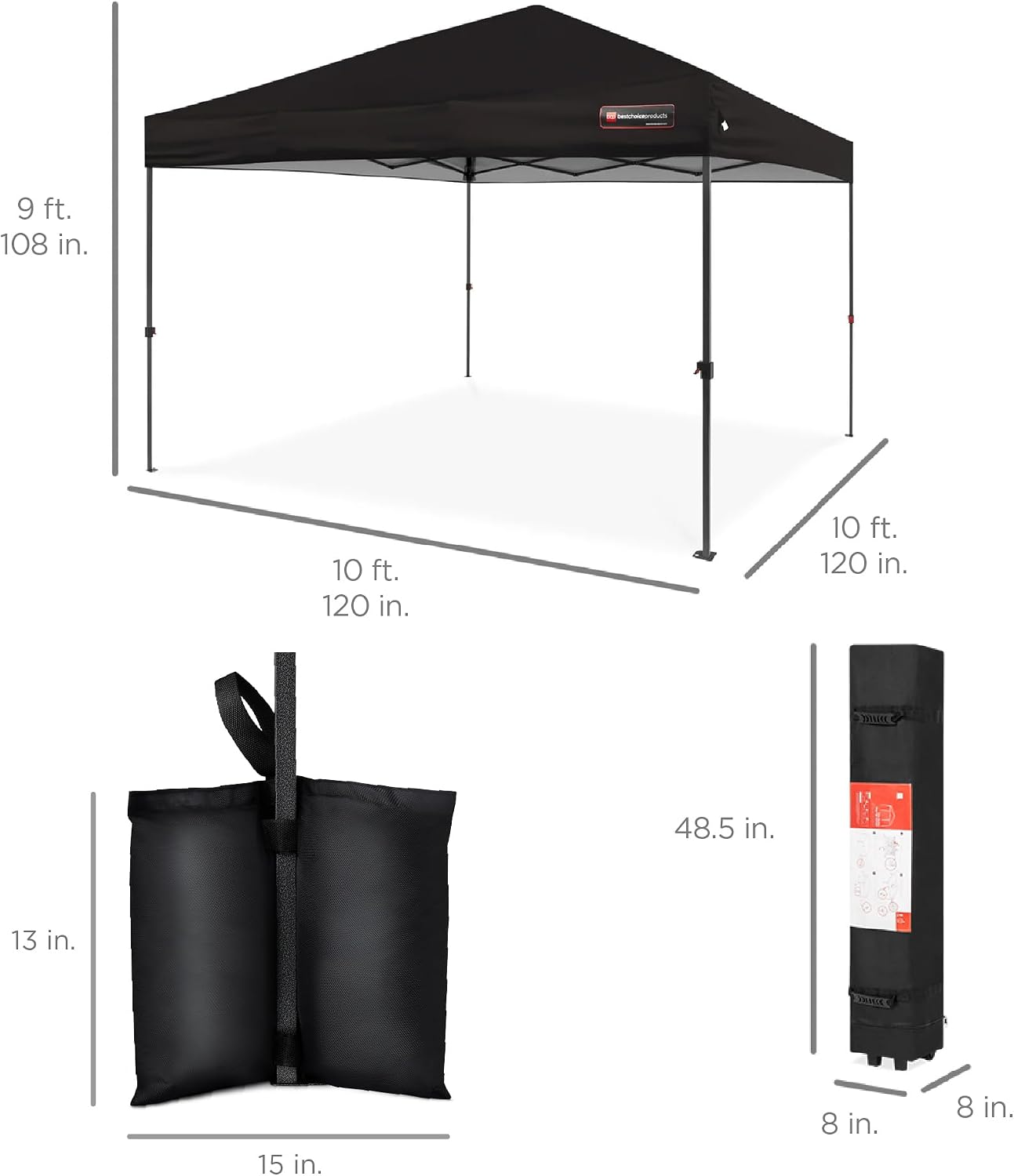Best Choice Products 10x10ft Pop Up Canopy Tent, Outdoor Shade, 1 Person 1 Minute Set Up, Carry Case, 4 Weight Bags - Black