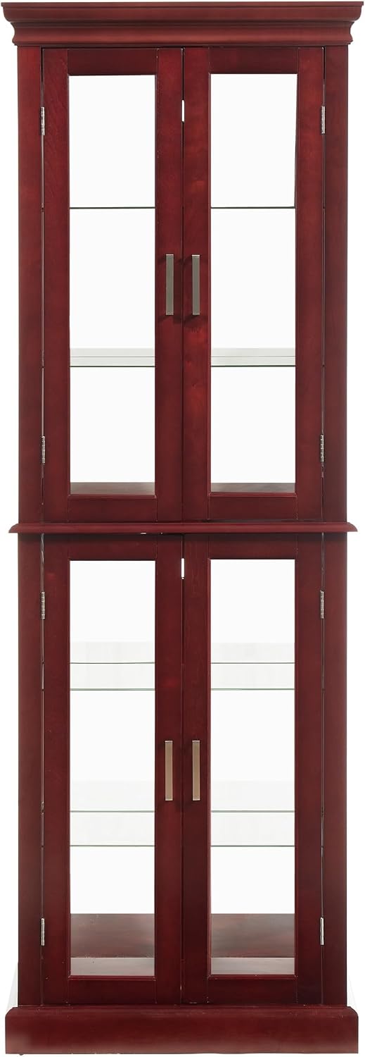 71' Lighted Curio Cabinet with 6 Adjustable Shelves, Vintage Glass Display Case, Tempered Glass Doors, Tall Wine Bar Cabinet for Living Room Liquor Storage (E26 light bulb not included) (Cherry)