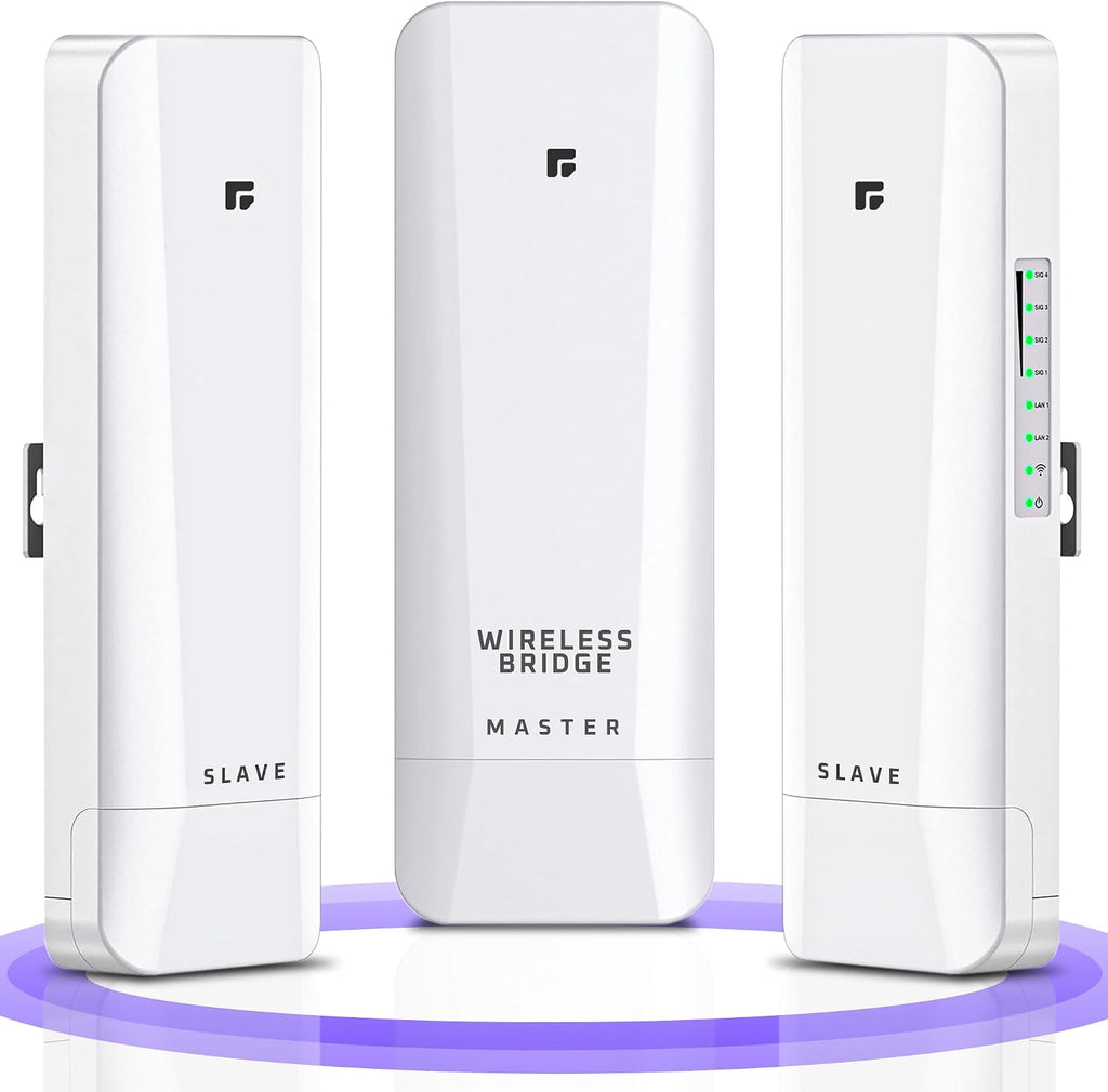 Wireless Bridge, Pre-Configured 3 Pack Long Range WiFi Bridge for Point to Multi-Point, High-Speed Network Bridge with Hotspot, for Stores, Barn, Garage, Building, 100/1000Mbps LAN Port. 3 Pack (5KM)