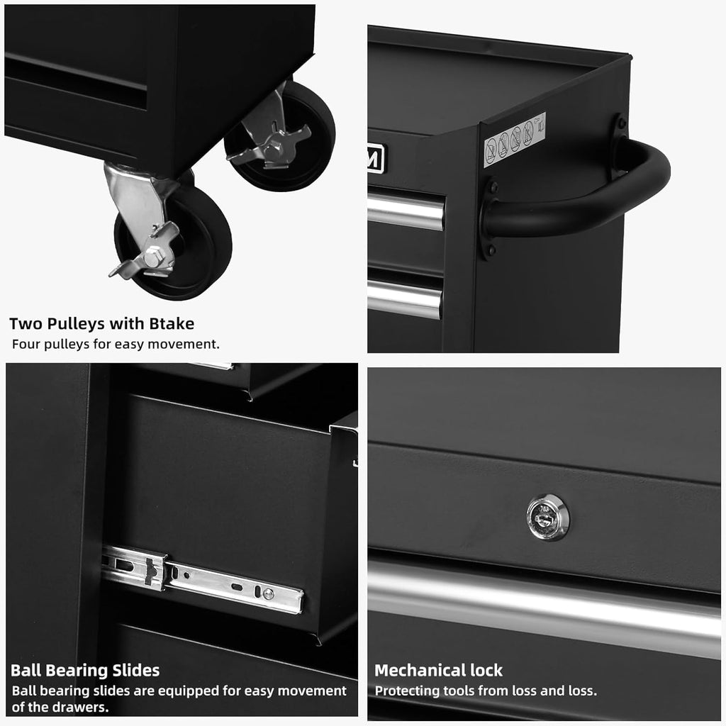 Tool Storage Cabinet/Cart, Metal Tool Cabinet, Rolling Wheel, Ball Bearing Sliders, Black Powder Coating, Suitable for Garage, Warehouse, Workshop (27 x 13 x 34 inches)