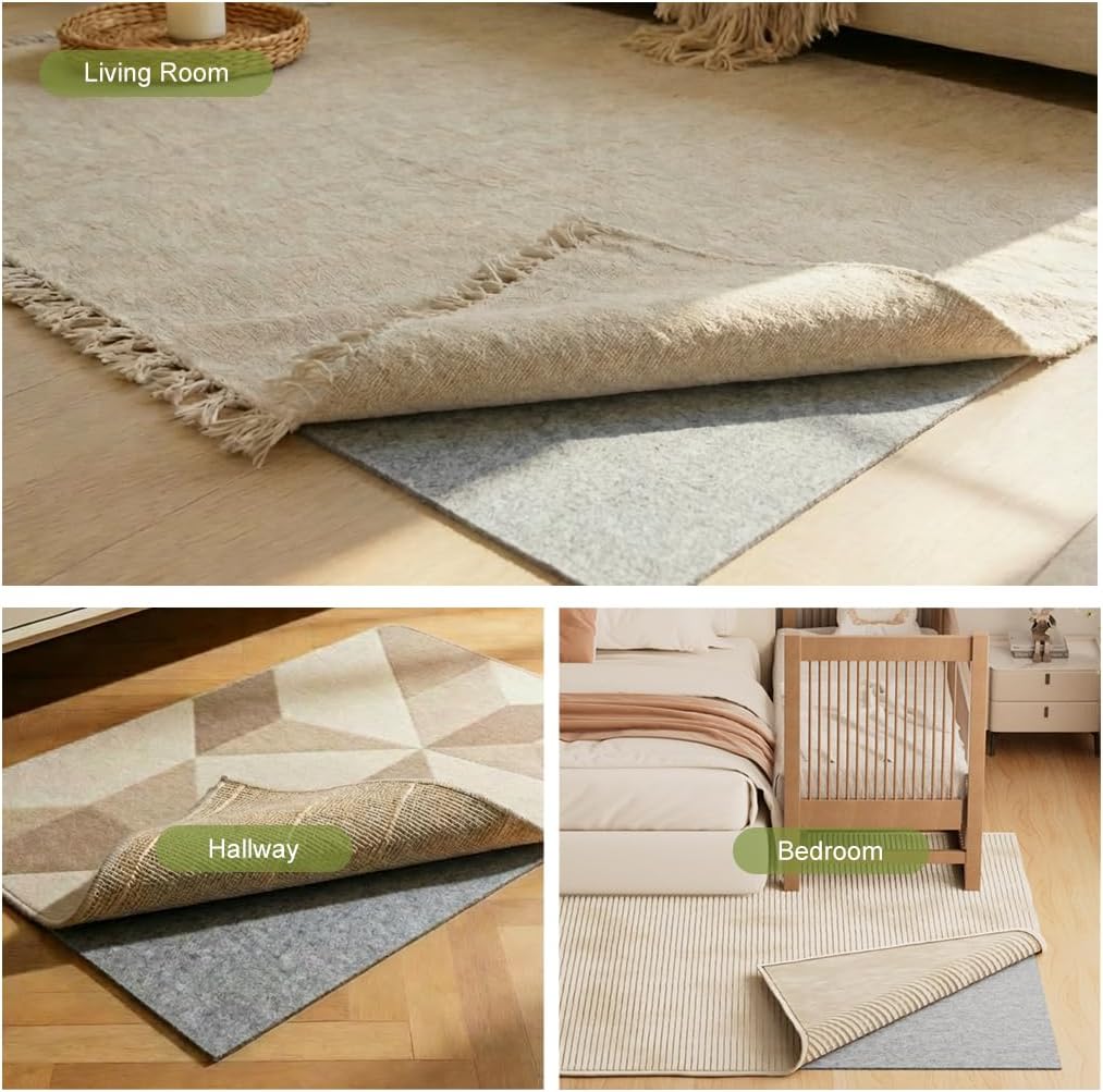 Felt Rug Pad with Gripper Dots, 9x12 Ft Non-Slip Rug Underpad with PVC Backing, 1/6' Thick Cushioned Carpet Pad Gripper for Hardwood Floors, Vinyl & Tile, Under Rug Padding Floor Protection
