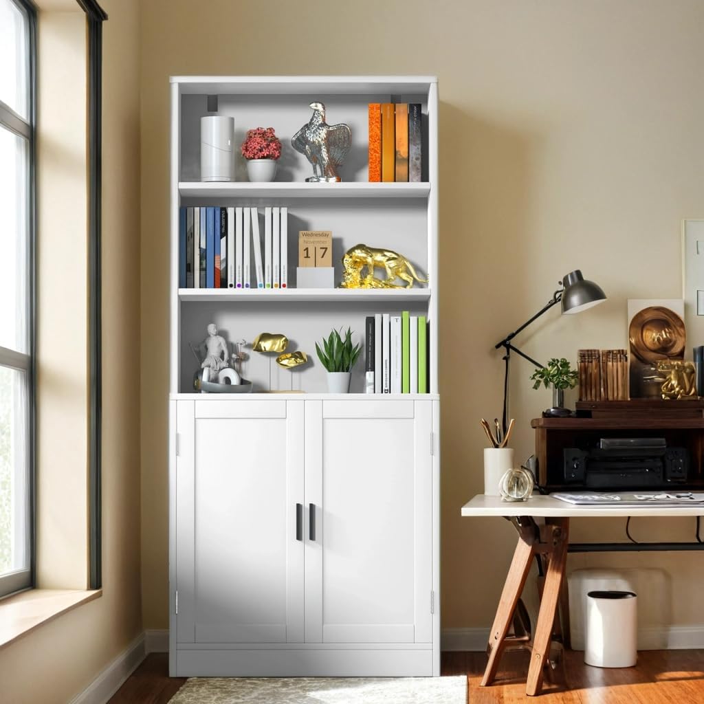 holzart 75' Tall Bookcase with Doors, 5 Tier Large Bookshelf with Cabinet, Standing Wood Display Book Shelf for Living Room, Office, Library with Doors, White