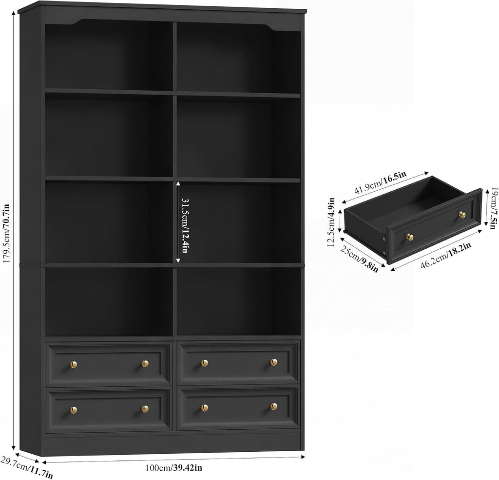 FINETONES 71' Black Bookshelf with 4 Drawers, 6-Tier Double Wide Bookshelves and Bookcases with Storage, Tall Bookshelf Large Open Bookshelves Standing Book Cabinet for Home Office, Black