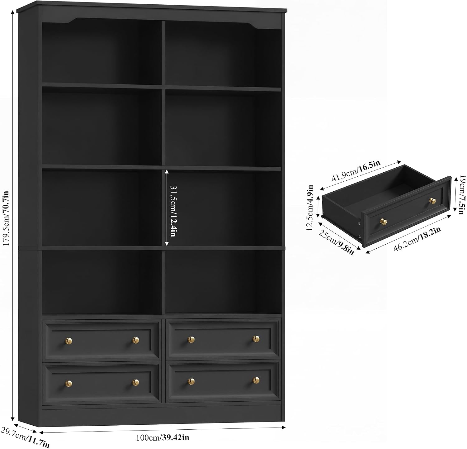 FINETONES 71' Black Bookshelf with 4 Drawers, 6-Tier Double Wide Bookshelves and Bookcases with Storage, Tall Bookshelf Large Open Bookshelves Standing Book Cabinet for Home Office, Black