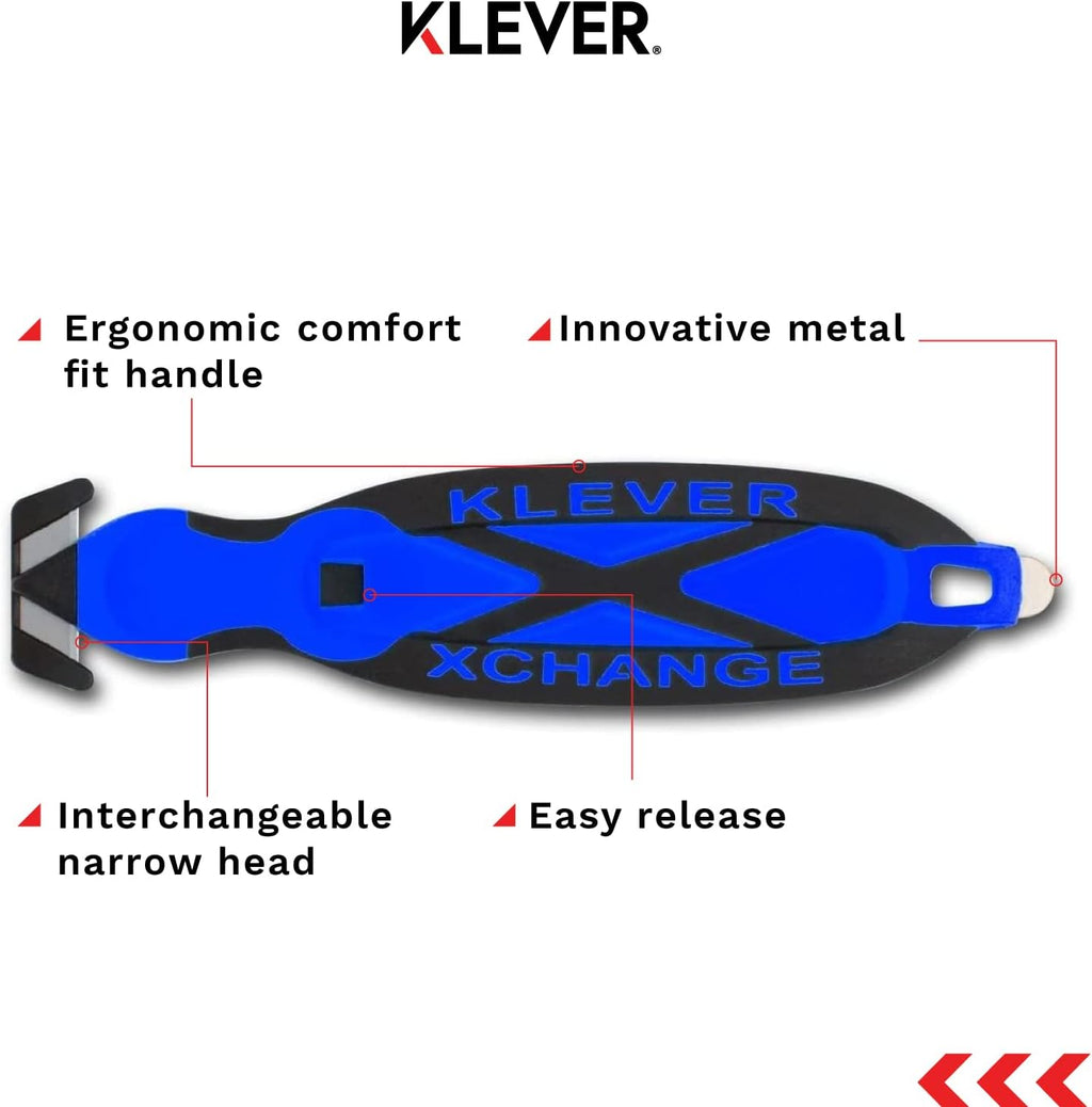 Klever X-Change Box Cutter, Klever Kutter Package Opener Narrow Cut Head, Carbon Steel Blade Utility Knife, Cuts Boxes, Film, Tape and More, Blue, 10 Pack (KCJ-XC-20B)