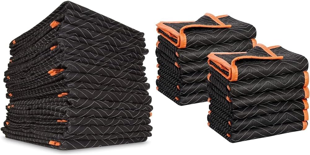 SIMPLI-MAGIC Heavy Duty Padded Moving Blankets (12 Pack),Black/Orange & 79522 Heavy Duty Padded Moving Blankets, Orange/Black, 72' x 80', 6 Pack