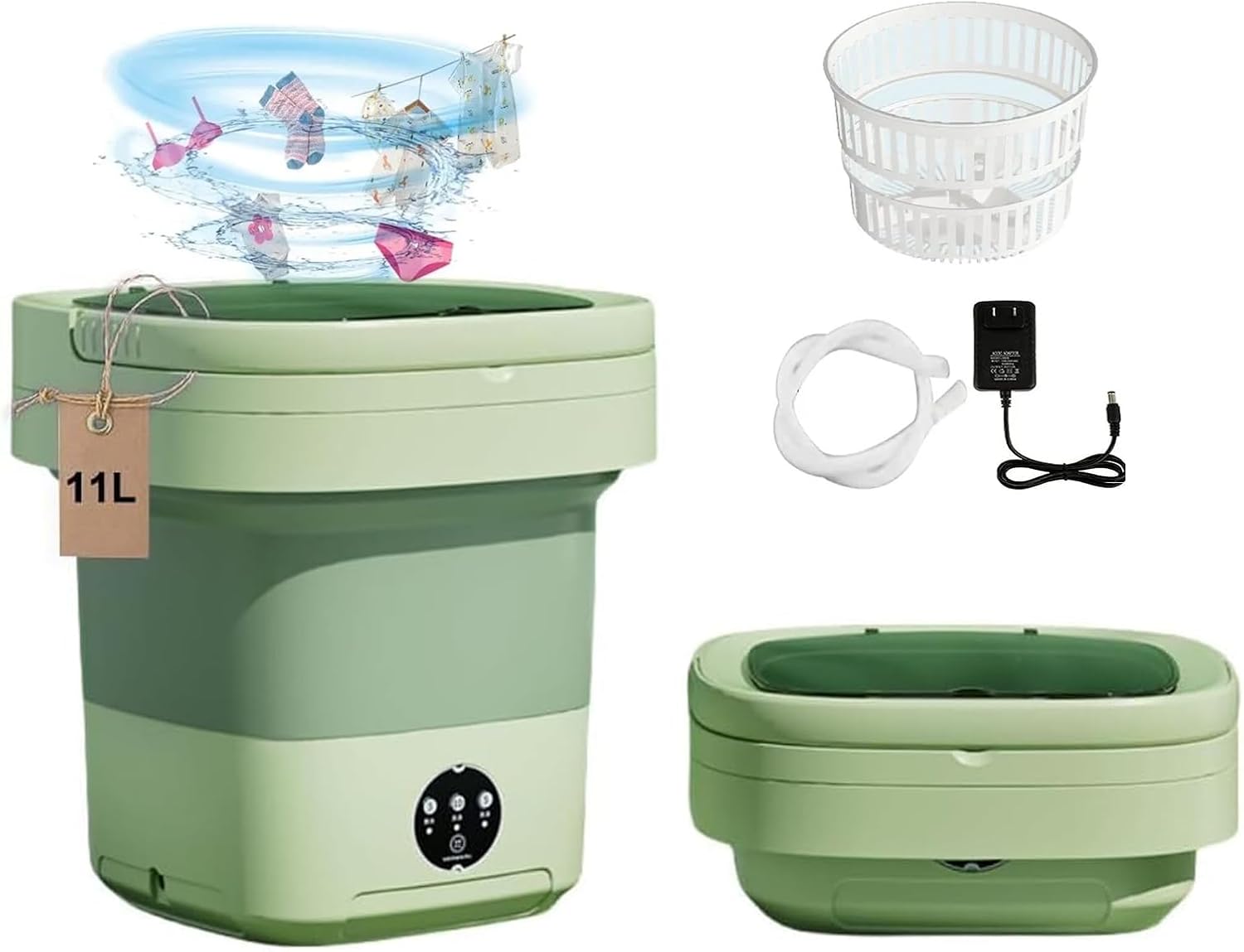 11L Mini Portable Folding Washing Machine, Large Capacity Foldable Washer, Mini Washer with Drain Basket Deep Cleaning of Underwear, Baby Clothes Suitable for Apartments, Dormitories, Hotels(Green)