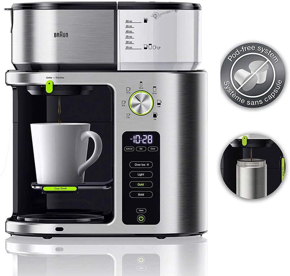 Braun MultiServe Coffee Machine 7 Programmable Brew Sizes / 3 Strengths + Iced Coffee & Hot Water for Tea, Glass Carafe (10-Cup), Stainless Steel, KF9170SI