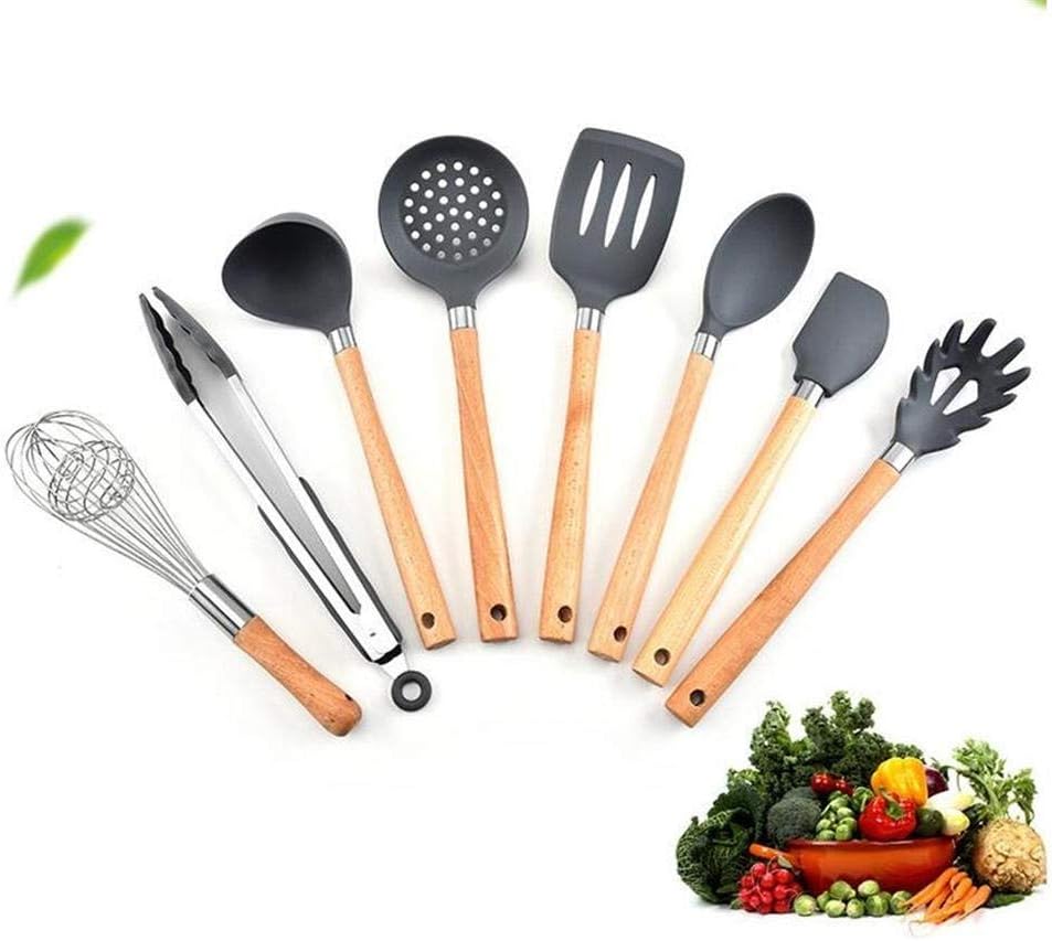 8 pcs Silicone Cooking Kitchen Utensils Set, Bamboo Wooden Handles Cooking Tool Non Toxic Silicone Tongs Spatula Spoon Kitchen Gadgets Utensil Set for Nonstick
