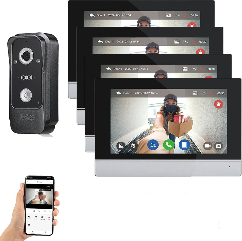 Wired Video Intercom System Tuya WiFi 7 Inch Touch Screen 1080P Doorbell Intelligent Tuya APP Intercom Kit with 3 in 1 Unlock Motion Detection,Anti-Tamper Alarm,32G (1 Bell+4 Monitor)