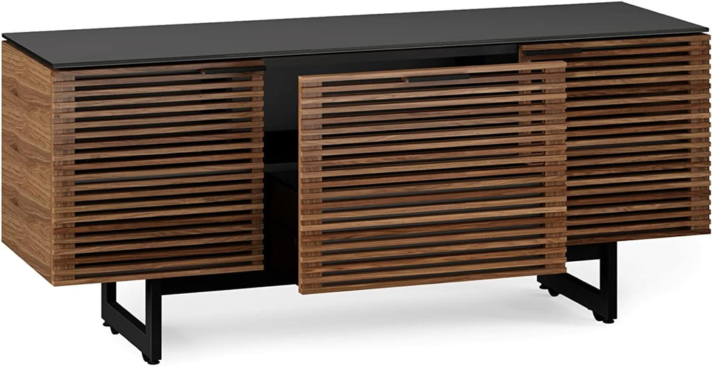 BDI Furniture Corridor 8177-65'' TV Stand for TVs up to 70' with Soundbar Shelf, Storage Drawer, Cable Management, Remote-Friendly Louver Doors, Satin-Etched Glass Top, Natural Walnut