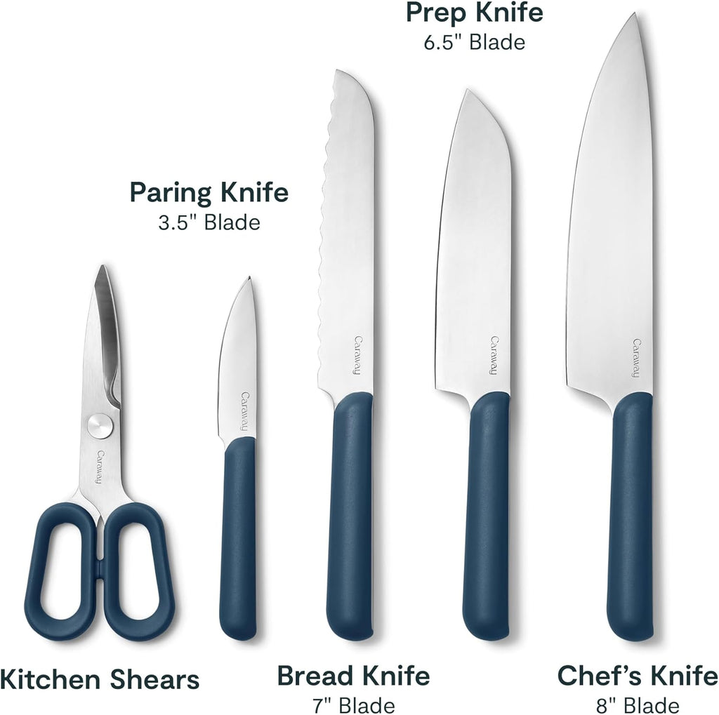 Caraway Kitchen Knife Set & Wooden Utensil Set - Made With Premium German Steel Blades & FSC-Certified Birch Wood - Non-Toxic Materials - Navy
