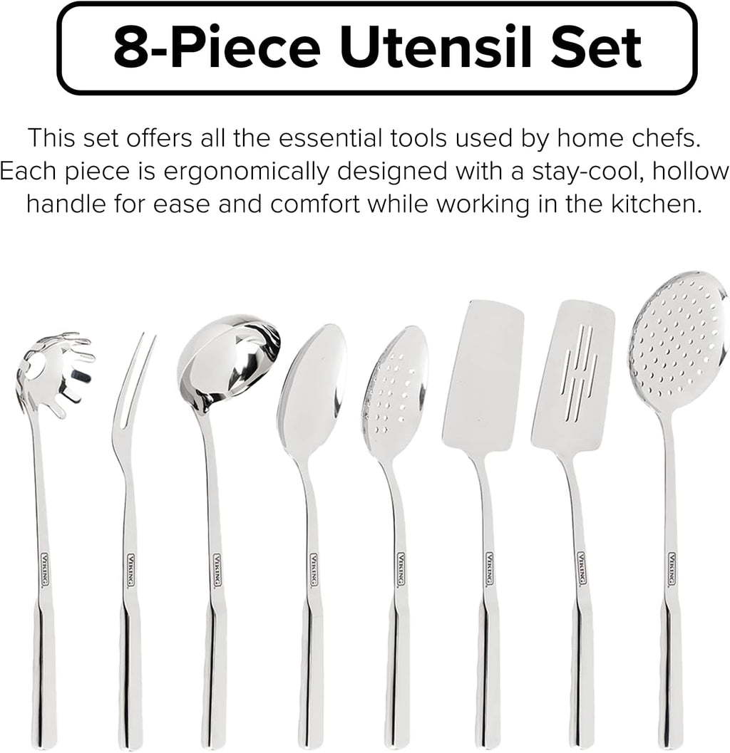 Viking Culinary Contemporary 3-Ply Stainless Steel Cookware Set, 10 Piece, Dishwasher, Oven Safe & Culinary 304 Stainless Steel Kitchen Utensil Set, Ergonomic Stay-Cool Handles