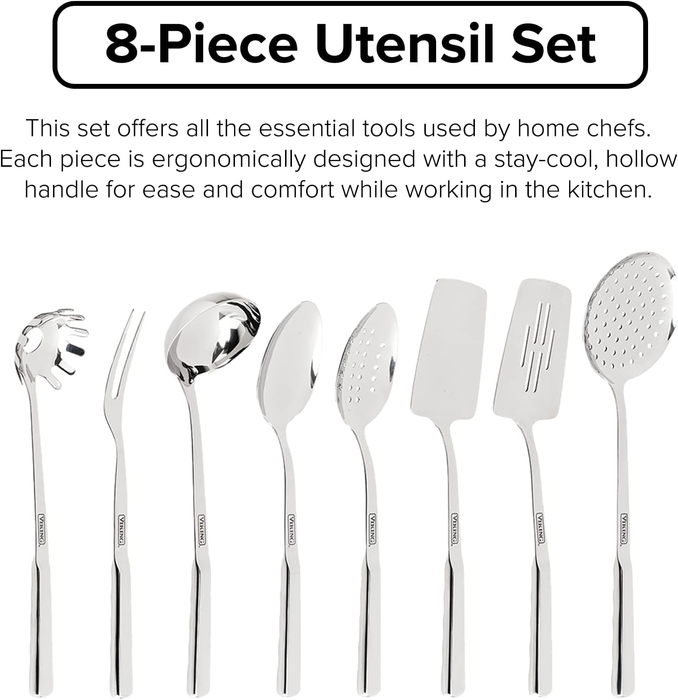 Viking Culinary Contemporary 3-Ply Stainless Steel Cookware Set, 10 Piece, Dishwasher, Oven Safe & Culinary 304 Stainless Steel Kitchen Utensil Set, Ergonomic Stay-Cool Handles
