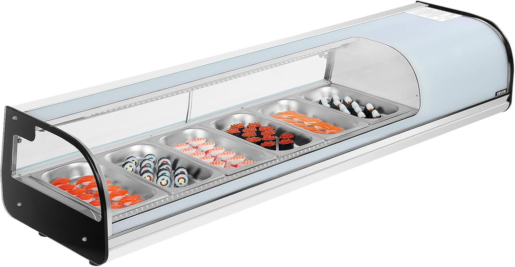 VEVOR Sushi Display Case Refrigerator, 2.2 Cu.ft Commercial Sushi Case, 6-Pan Countertop Showcase with Curved Glass, LED Lighting, and Digital Temperature Control, for Sushi-Bar, Restaurant, Store