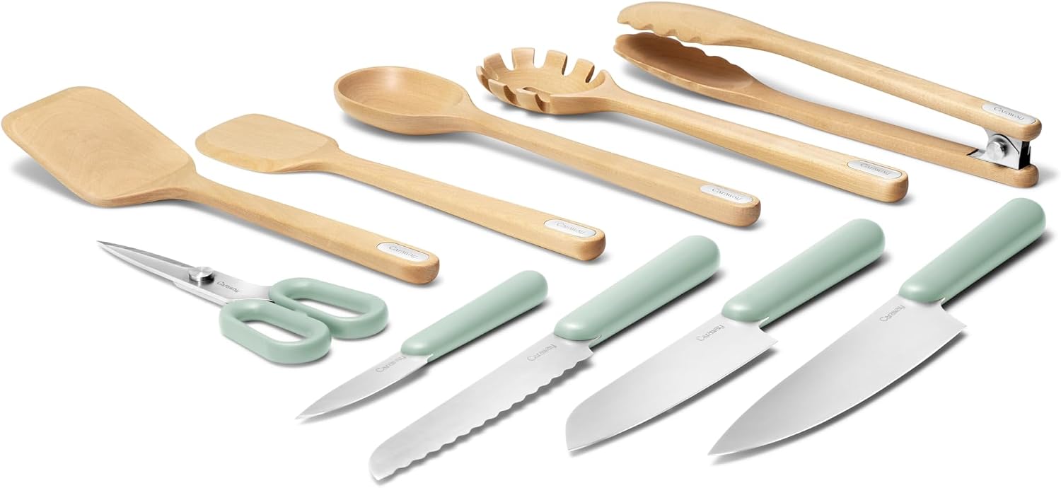 Caraway Kitchen Knife Set & Wooden Utensil Set - Made With Premium German Steel Blades & FSC-Certified Birch Wood - Non-Toxic Materials - Mist