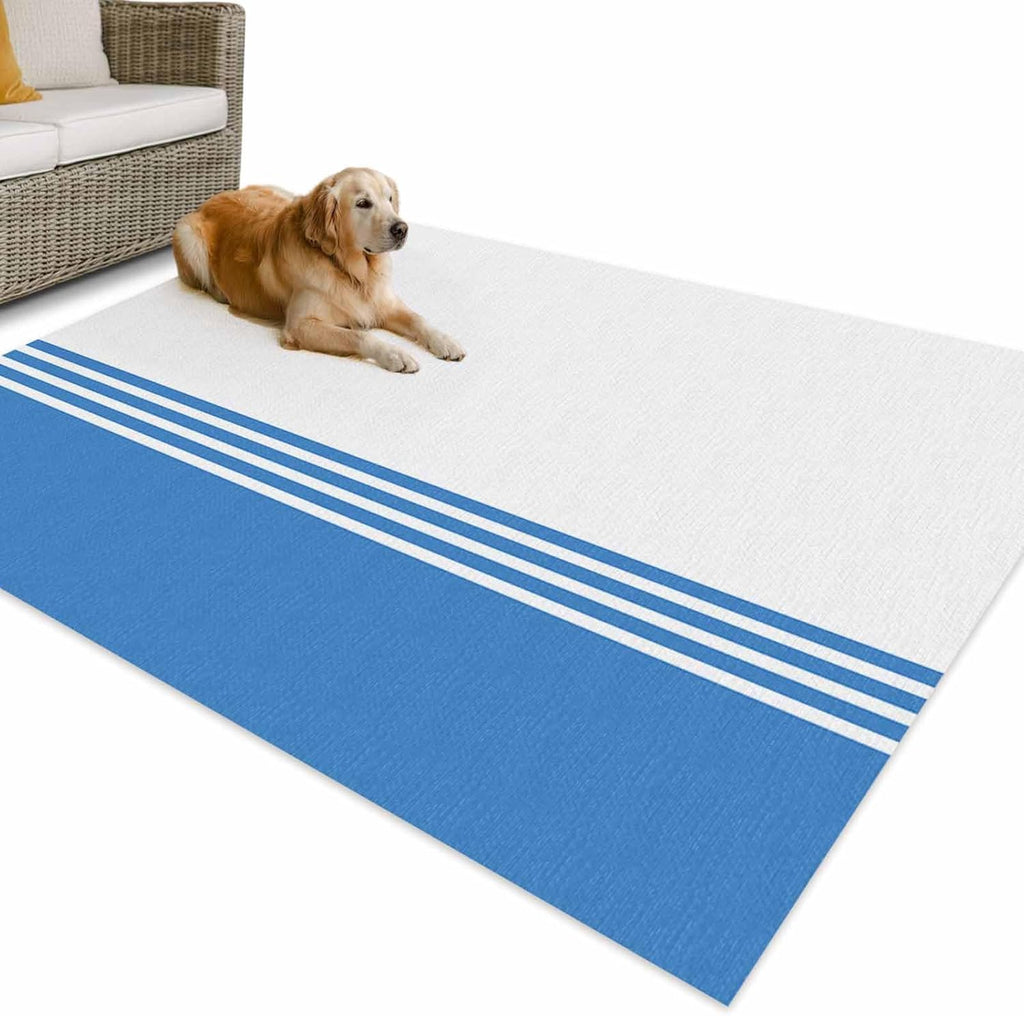 Outdoor Rug 4x6ft Farmhouse Classic Geometric Blue Stripes Patio Area Rugs Waterproof Easy Cleaning Non Shedding Thick Mats White Carpet for Indoor Outdoor Porch Deck Backyard Balcony